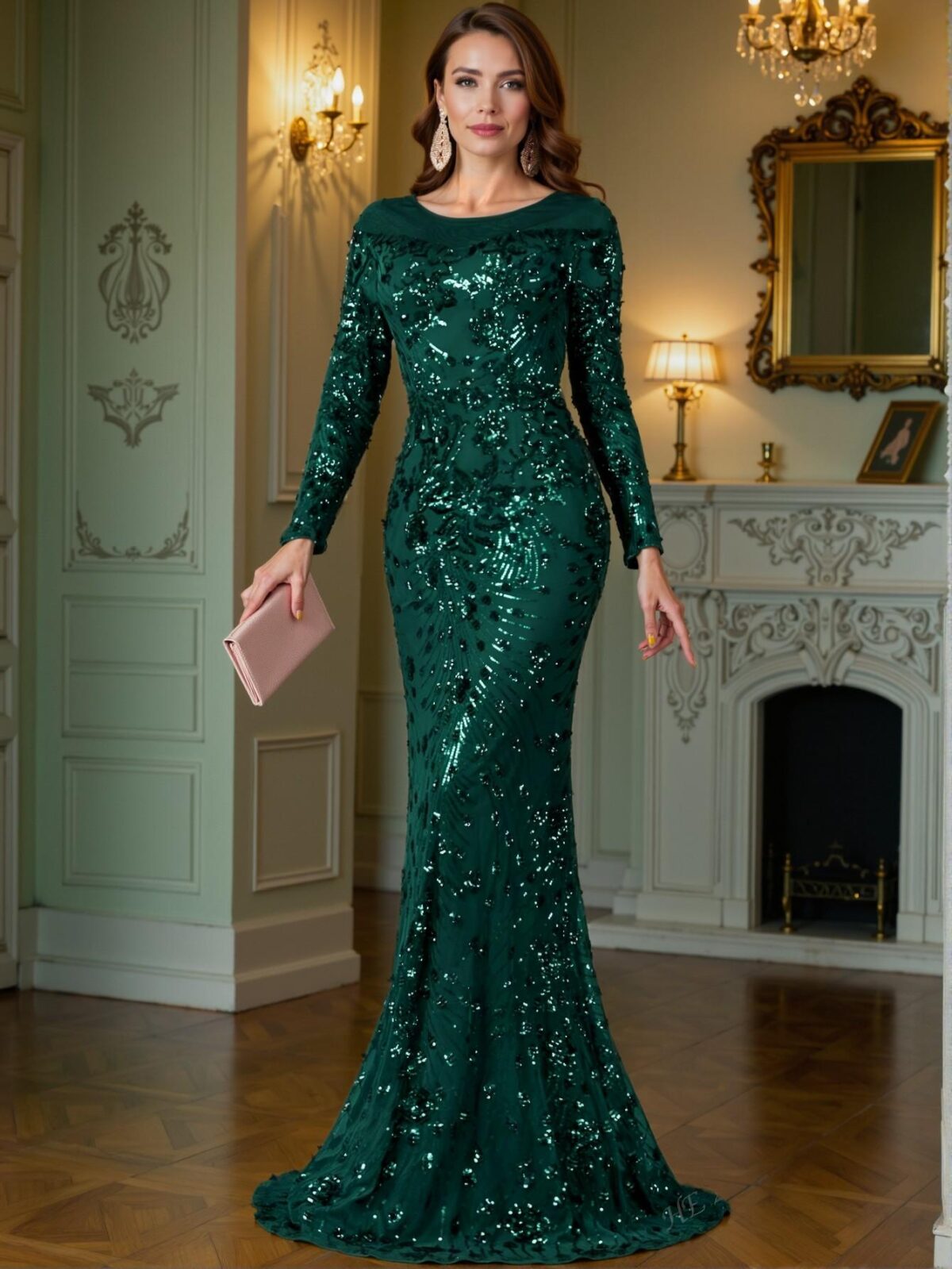 Elegant Dark Green High-Quality Elastic Sequin Dress with a Comfortable Fit, Unique Perspective Round Neck, Long Sleeves, Slim Fitting Fishtail Hem, Perfect for Various Body Types and Formal Occasions. Perfect for party, prom, graduation day, and ceremony for university, college, and high school, Formal Evening Dinner Cocktail, Wedding Guest Gown, Chic, Classy and Trendy Fashion Style to Dress to Impress. - Image 4