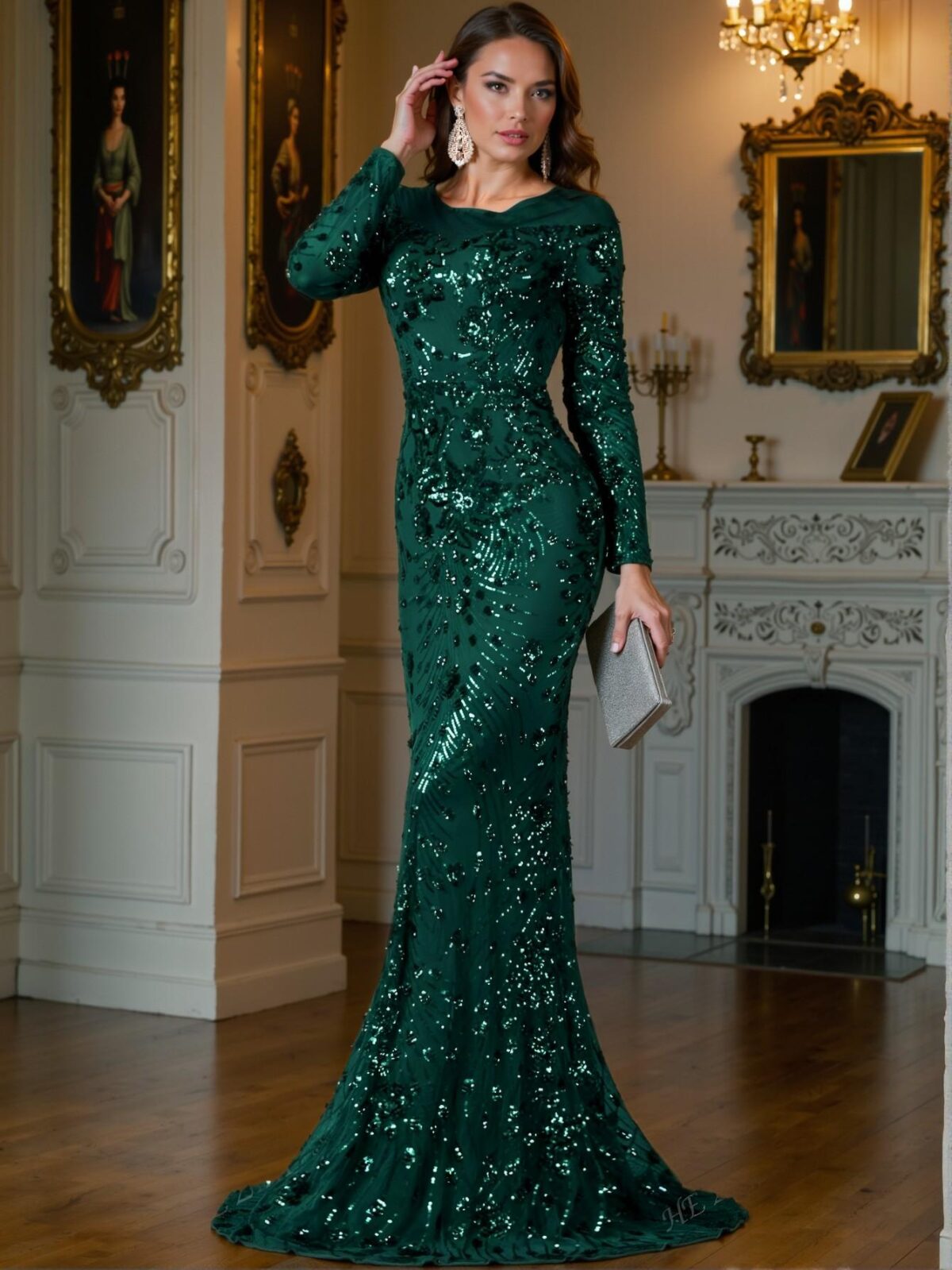 Elegant Dark Green High-Quality Elastic Sequin Dress with a Comfortable Fit, Unique Perspective Round Neck, Long Sleeves, Slim Fitting Fishtail Hem, Perfect for Various Body Types and Formal Occasions. Perfect for party, prom, graduation day, and ceremony for university, college, and high school, Formal Evening Dinner Cocktail, Wedding Guest Gown, Chic, Classy and Trendy Fashion Style to Dress to Impress. - Image 5