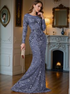 Elegant Medium Wash Stunning Long Sleeved Bodycon Mermaid Hem Sequin Dress for Formal Events and Weddings. Perfect for party, prom, graduation day, and ceremony for university, college, and high school, Formal Evening Dinner Cocktail, Wedding Guest Gown, Chic, Classy and Trendy Fashion Style to Dress to Impress.