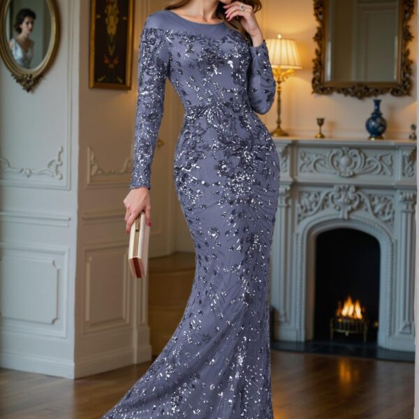Elegant Medium Wash Stunning Long Sleeved Bodycon Mermaid Hem Sequin Dress for Formal Events and Weddings. Perfect for party, prom, graduation day, and ceremony for university, college, and high school, Formal Evening Dinner Cocktail, Wedding Guest Gown, Chic, Classy and Trendy Fashion Style to Dress to Impress.