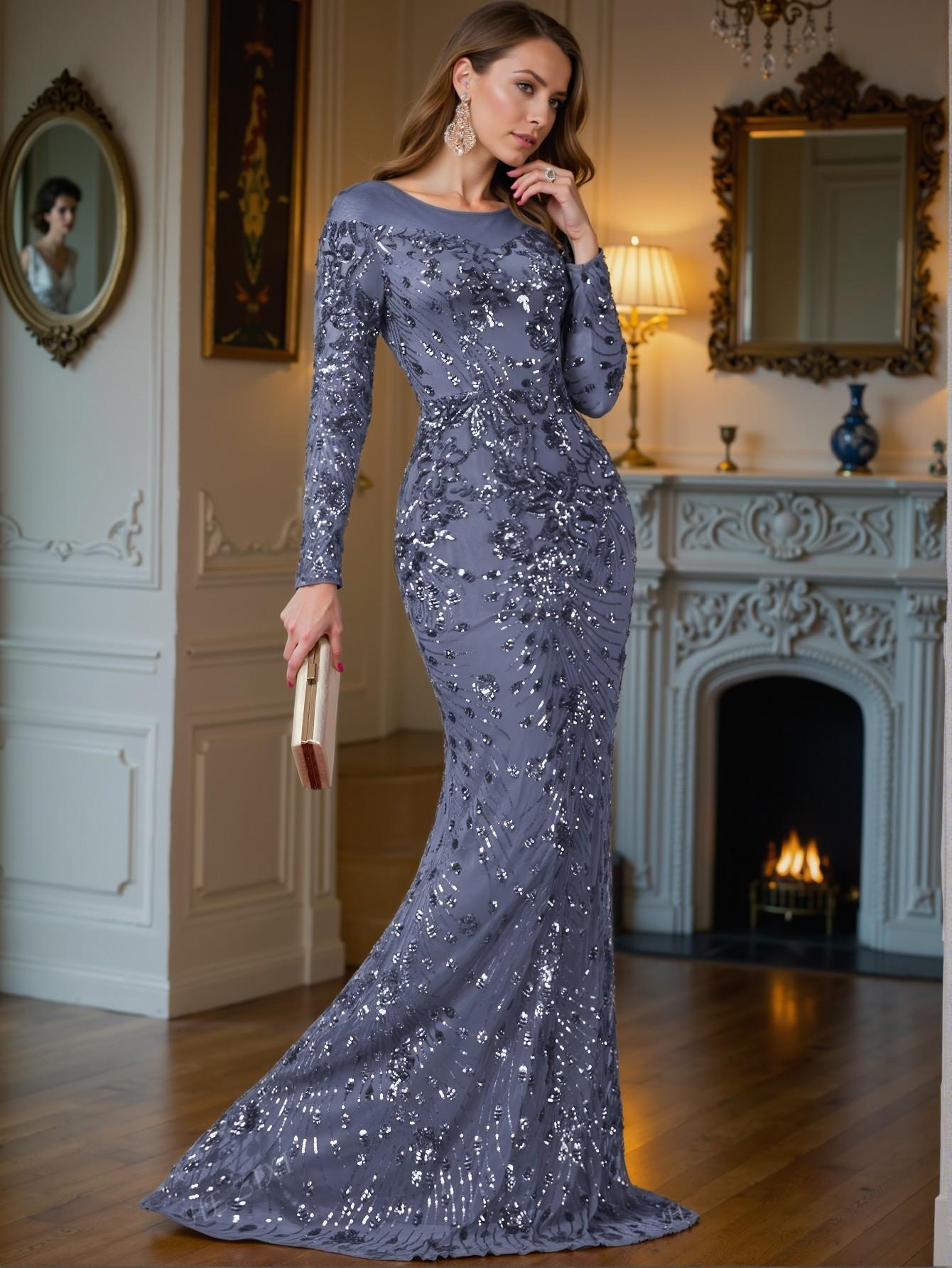 Elegant Medium Wash Stunning Long Sleeved Bodycon Mermaid Hem Sequin Dress for Formal Events and Weddings. Perfect for party, prom, graduation day, and ceremony for university, college, and high school, Formal Evening Dinner Cocktail, Wedding Guest Gown, Chic, Classy and Trendy Fashion Style to Dress to Impress.