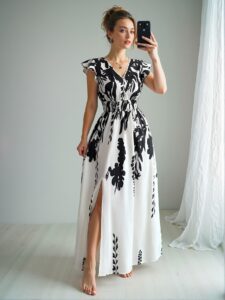 Elegant Black and White A-Line Floral Maxi Dress with Butterfly Sleeves for Your Vacation Getaway - Chic, Classy and Trendy Fashion Style to Dress to Impress