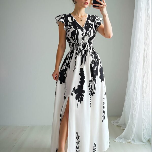 Elegant Black and White A-Line Floral Maxi Dress with Butterfly Sleeves for Your Vacation Getaway - Chic, Classy and Trendy Fashion Style to Dress to Impress