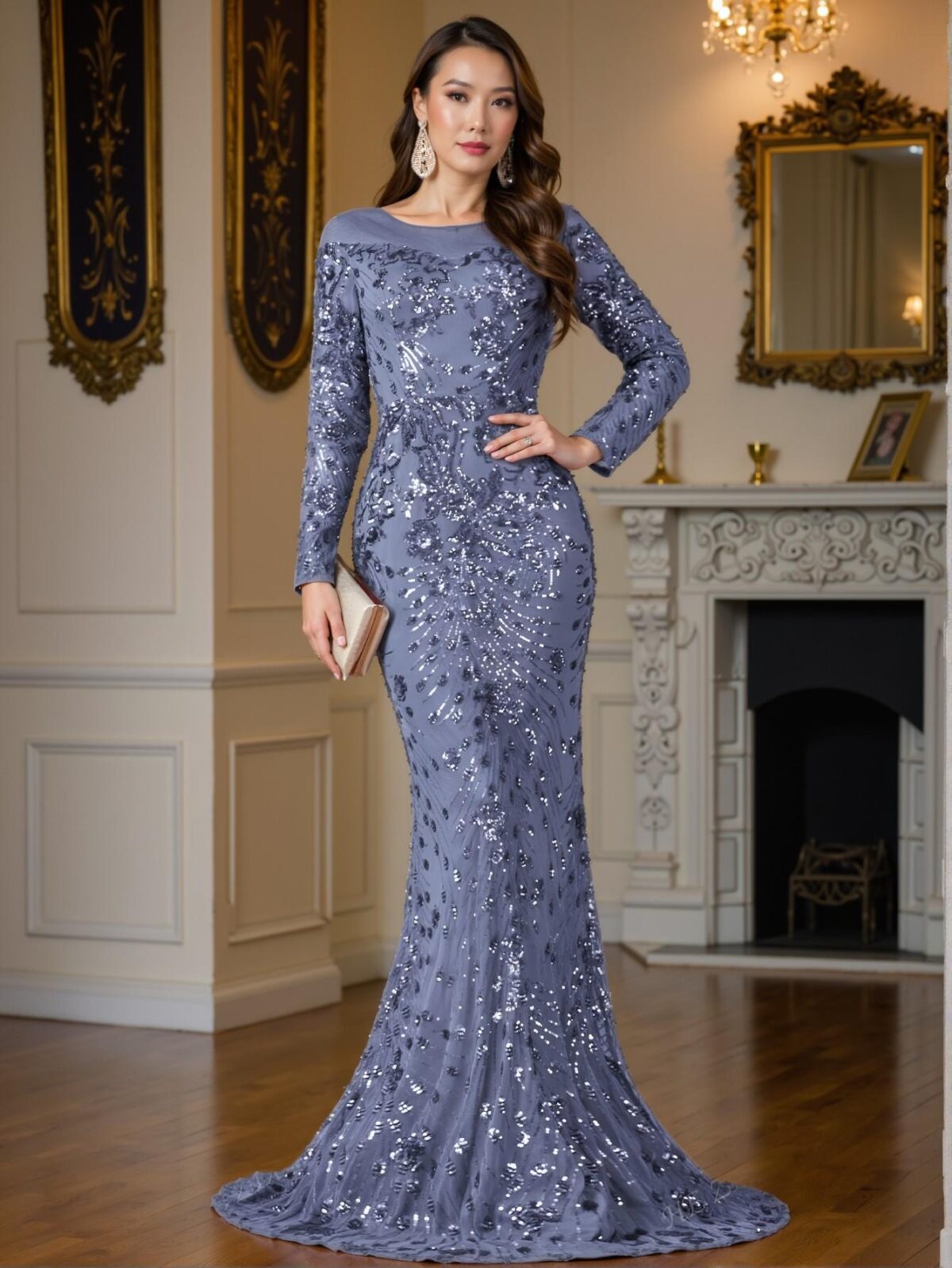 Elegant Medium Wash Stunning Long Sleeved Bodycon Mermaid Hem Sequin Dress for Formal Events and Weddings. Perfect for party, prom, graduation day, and ceremony for university, college, and high school, Formal Evening Dinner Cocktail, Wedding Guest Gown, Chic, Classy and Trendy Fashion Style to Dress to Impress. - Image 2