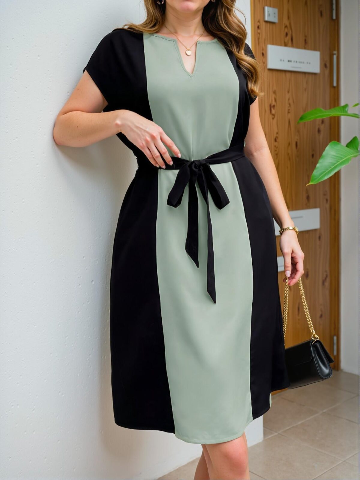 Elegant Green Minimalist Contrast Color Splice V-Neck Waist Tie Midi Dress for Spring and Summer - Chic, Classy and Trendy Fashion Style to Dress to Impress