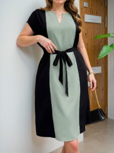Elegant Green Minimalist Contrast Color Splice V-Neck Waist Tie Midi Dress for Spring and Summer - Chic, Classy and Trendy Fashion Style to Dress to Impress