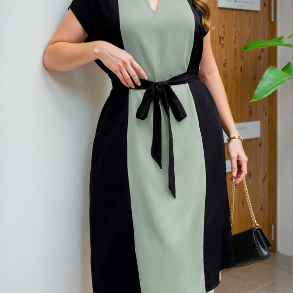 Elegant Green Minimalist Contrast Color Splice V-Neck Waist Tie Midi Dress for Spring and Summer - Chic, Classy and Trendy Fashion Style to Dress to Impress
