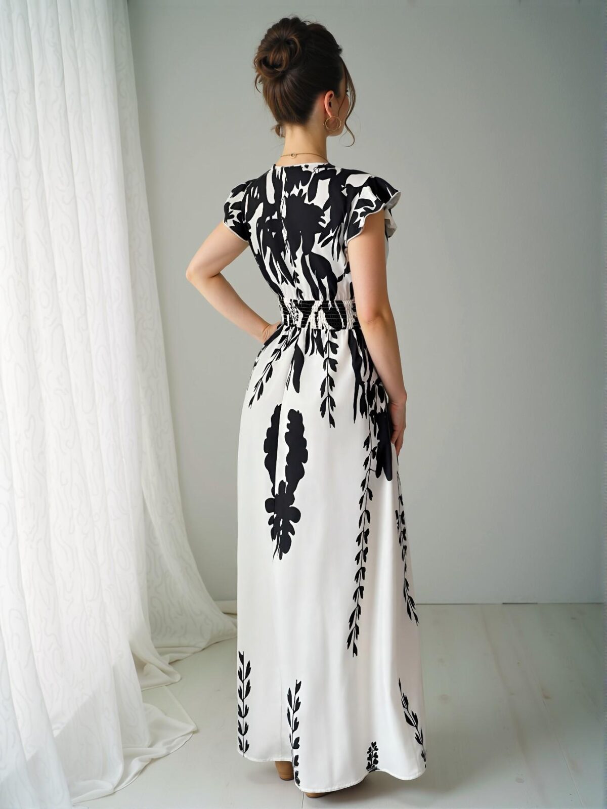 Elegant Black and White A-Line Floral Maxi Dress with Butterfly Sleeves for Your Vacation Getaway - Chic, Classy and Trendy Fashion Style to Dress to Impress - Image 2