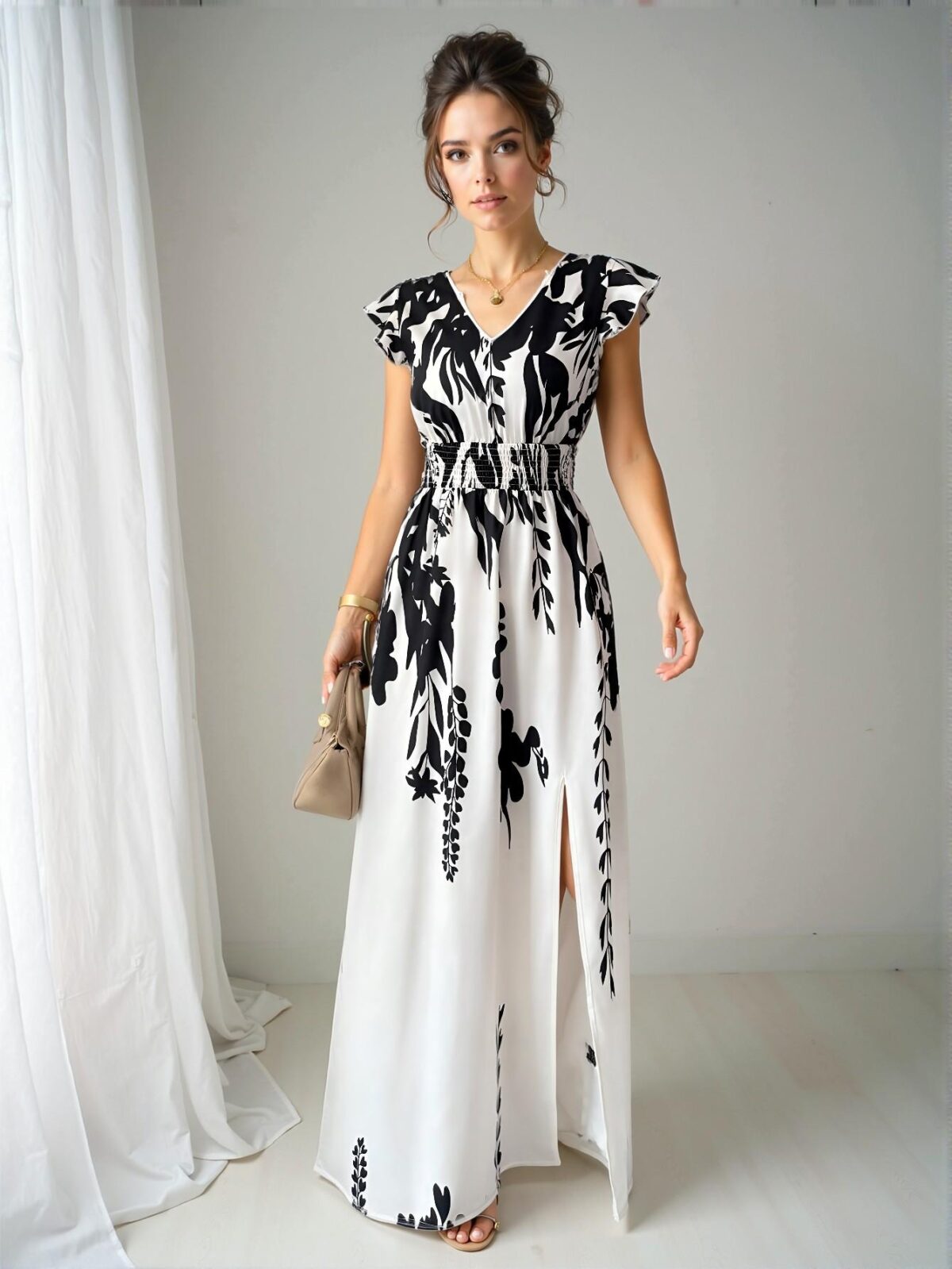 Elegant Black and White A-Line Floral Maxi Dress with Butterfly Sleeves for Your Vacation Getaway - Chic, Classy and Trendy Fashion Style to Dress to Impress - Image 3