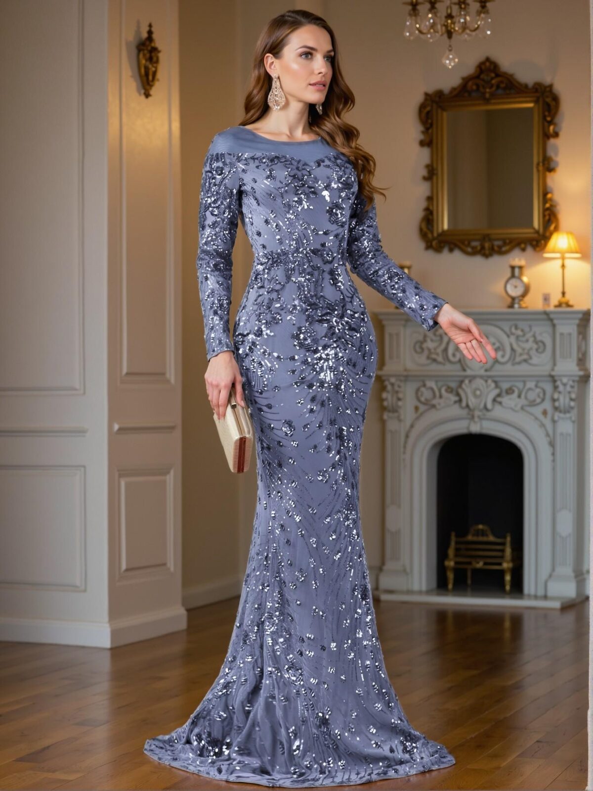 Elegant Medium Wash Stunning Long Sleeved Bodycon Mermaid Hem Sequin Dress for Formal Events and Weddings. Perfect for party, prom, graduation day, and ceremony for university, college, and high school, Formal Evening Dinner Cocktail, Wedding Guest Gown, Chic, Classy and Trendy Fashion Style to Dress to Impress. - Image 3