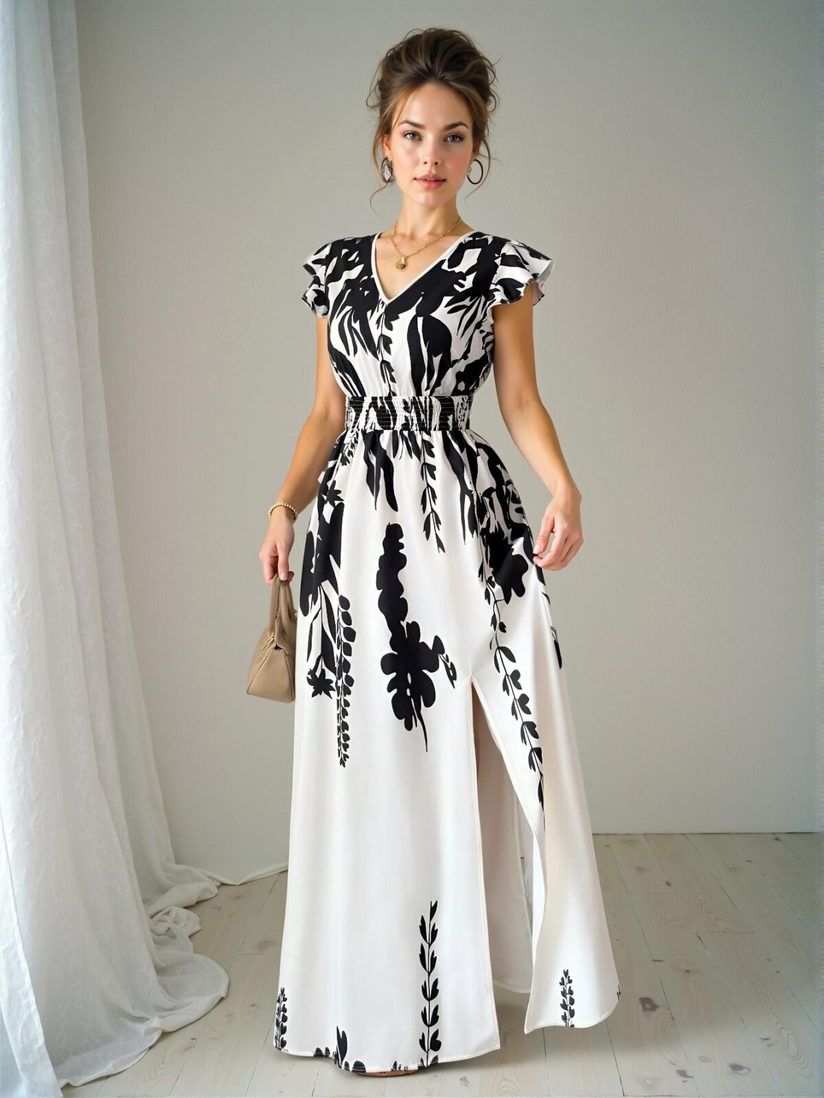 Elegant Black and White A-Line Floral Maxi Dress with Butterfly Sleeves for Your Vacation Getaway - Chic, Classy and Trendy Fashion Style to Dress to Impress - Image 4