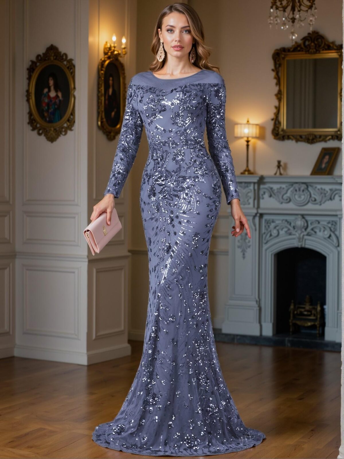 Elegant Medium Wash Stunning Long Sleeved Bodycon Mermaid Hem Sequin Dress for Formal Events and Weddings. Perfect for party, prom, graduation day, and ceremony for university, college, and high school, Formal Evening Dinner Cocktail, Wedding Guest Gown, Chic, Classy and Trendy Fashion Style to Dress to Impress. - Image 4