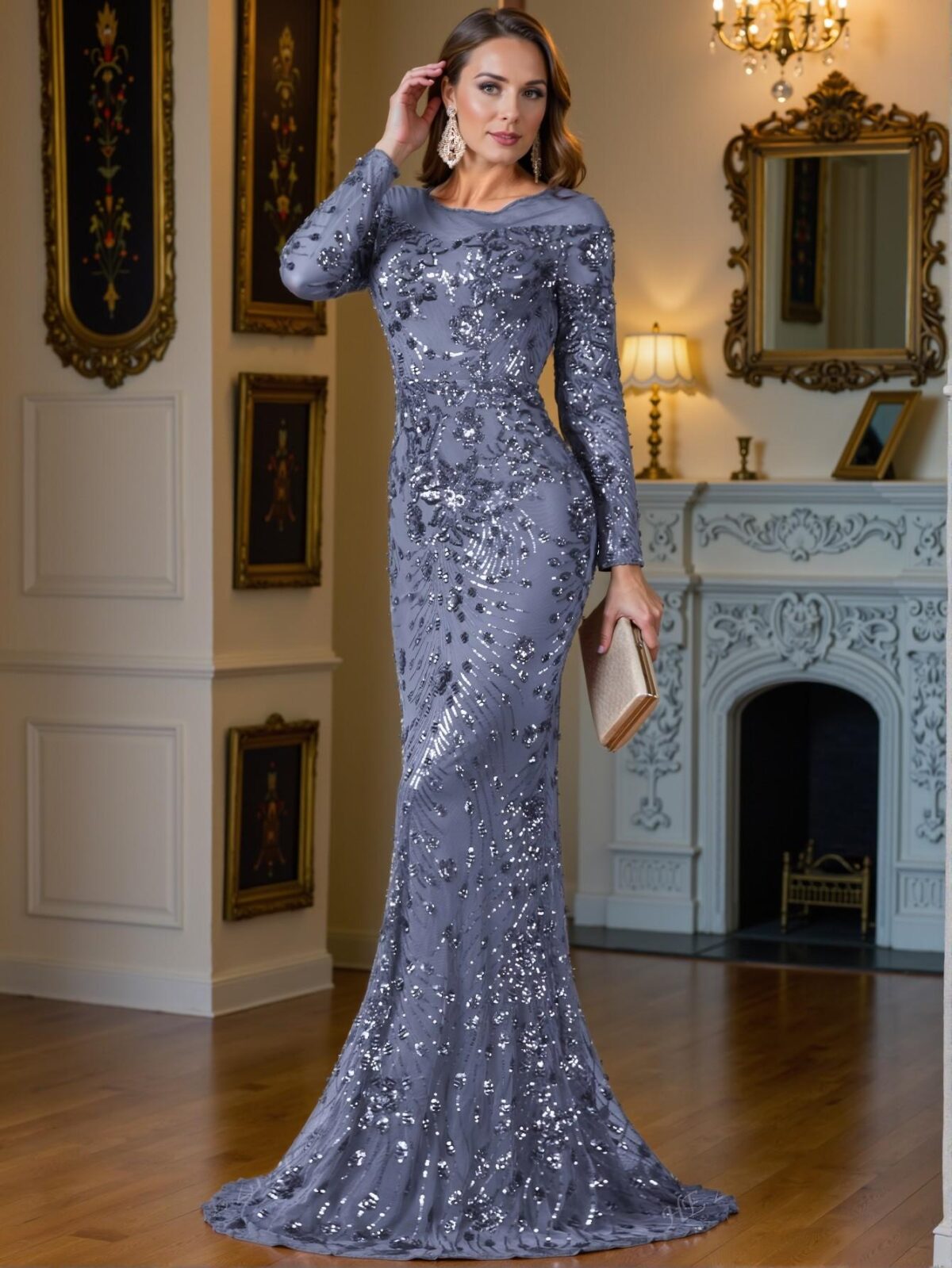 Elegant Medium Wash Stunning Long Sleeved Bodycon Mermaid Hem Sequin Dress for Formal Events and Weddings. Perfect for party, prom, graduation day, and ceremony for university, college, and high school, Formal Evening Dinner Cocktail, Wedding Guest Gown, Chic, Classy and Trendy Fashion Style to Dress to Impress. - Image 5