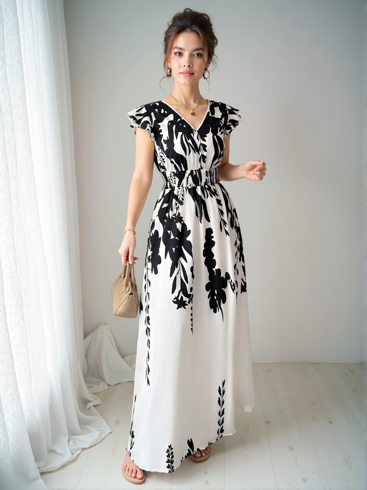 Elegant Black and White A-Line Floral Maxi Dress with Butterfly Sleeves for Your Vacation Getaway - Chic, Classy and Trendy Fashion Style to Dress to Impress - Image 5