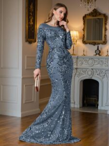Elegant Dusty Blue Luxe Sequin Dress, Exceptionally Comfortable and Tailored for Various Body Types - Perfect for party, prom, graduation day, and ceremony for university, college, and high school, Formal Evening Dinner Cocktail, Wedding Guest Gown, Chic, Classy and Trendy Fashion Style to Dress to Impress.