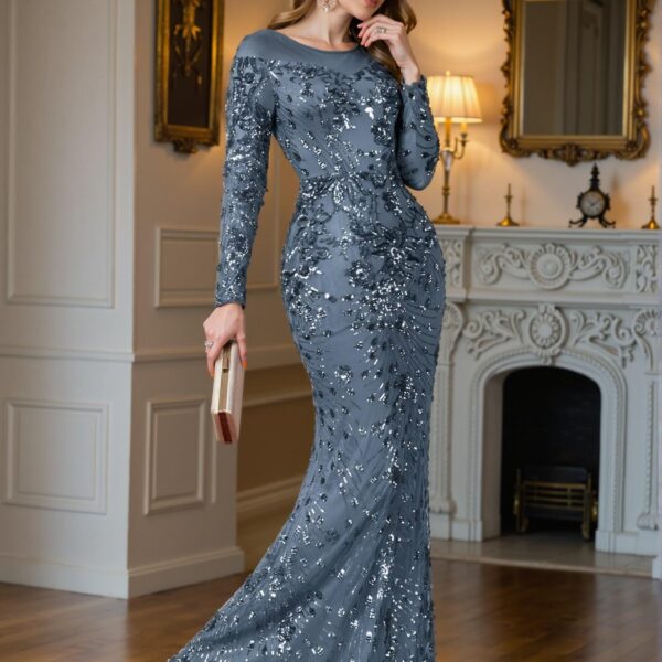 Elegant Dusty Blue Luxe Sequin Dress, Exceptionally Comfortable and Tailored for Various Body Types - Perfect for party, prom, graduation day, and ceremony for university, college, and high school, Formal Evening Dinner Cocktail, Wedding Guest Gown, Chic, Classy and Trendy Fashion Style to Dress to Impress.