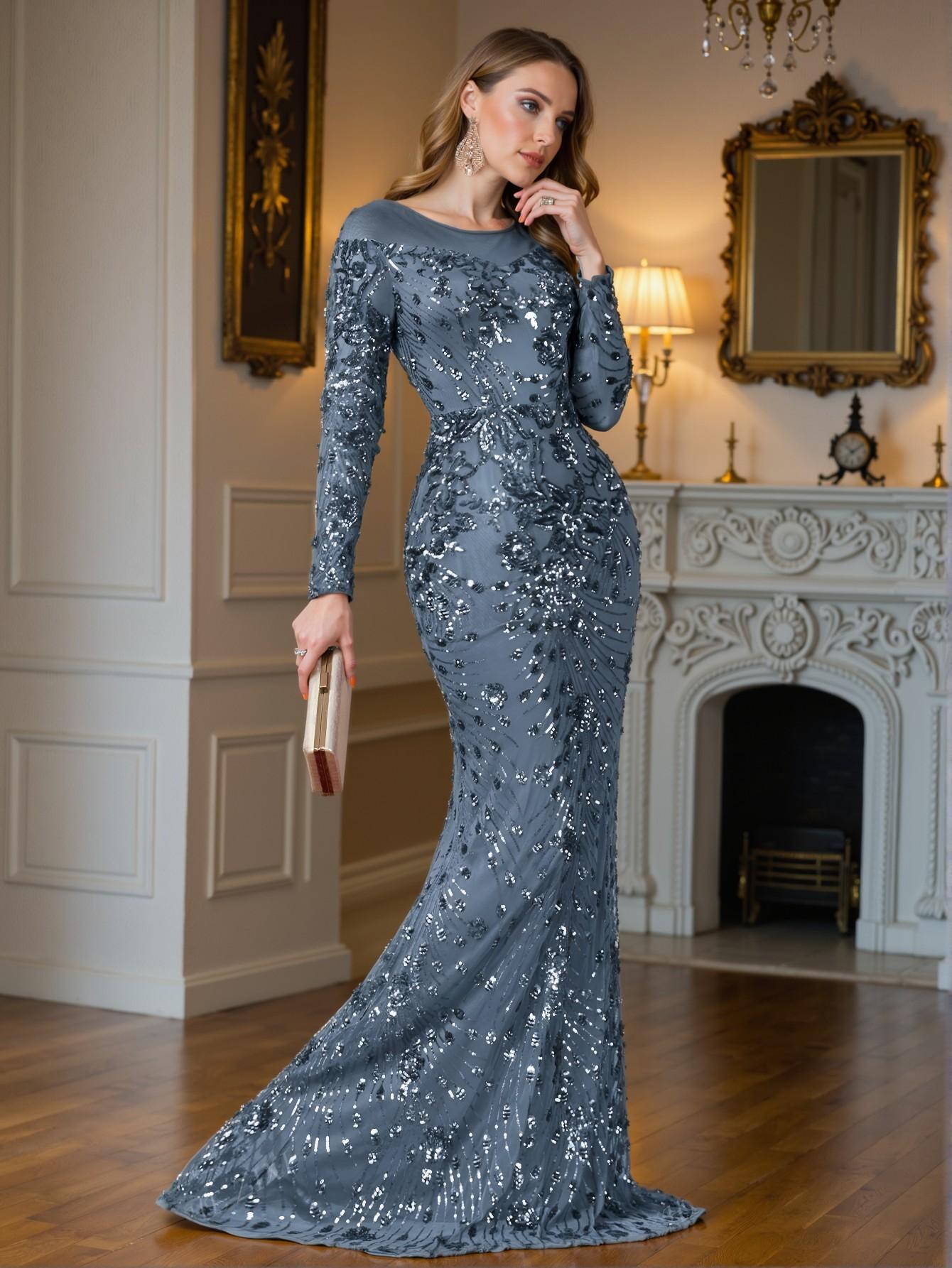 Elegant Dusty Blue Luxe Sequin Dress, Exceptionally Comfortable and Tailored for Various Body Types - Perfect for party, prom, graduation day, and ceremony for university, college, and high school, Formal Evening Dinner Cocktail, Wedding Guest Gown, Chic, Classy and Trendy Fashion Style to Dress to Impress.