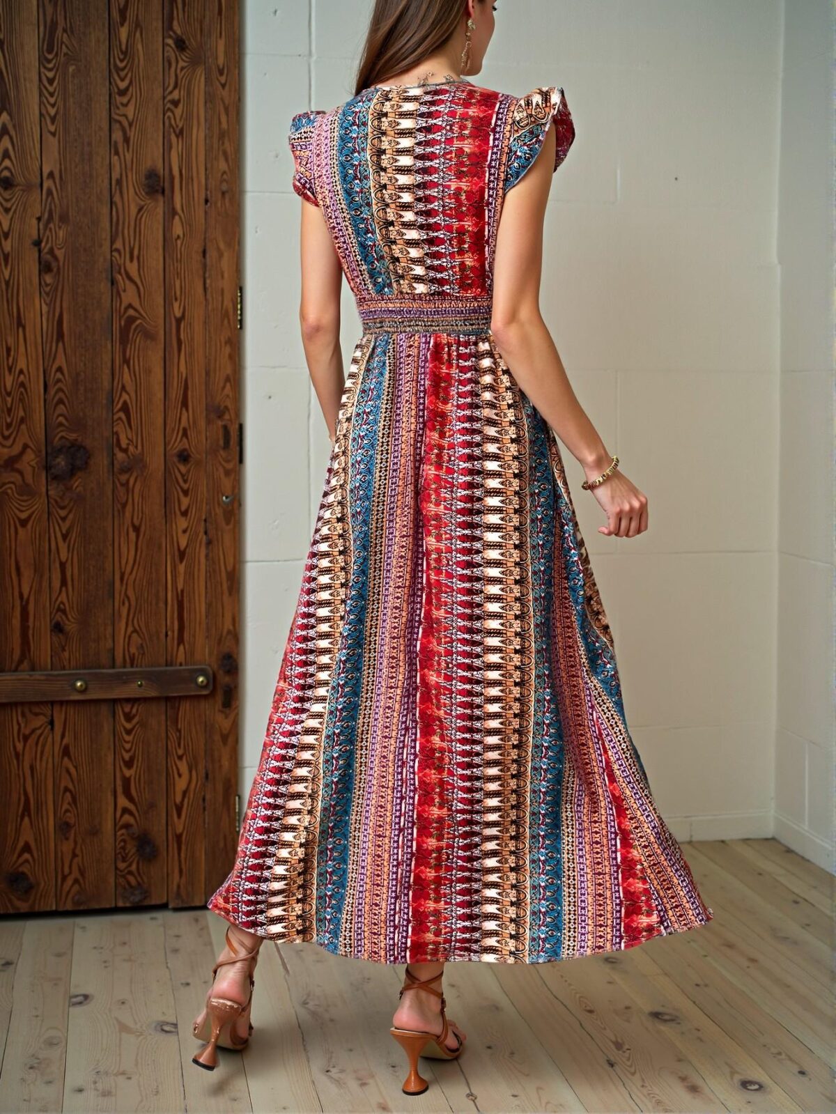 Elegant Multicolor Bohemian V-Neck Flounce Sleeve Maxi Dress with Floral Print for Beach Getaways – Chic, Classy and Trendy Fashion Style to Dress to Impress - Image 2