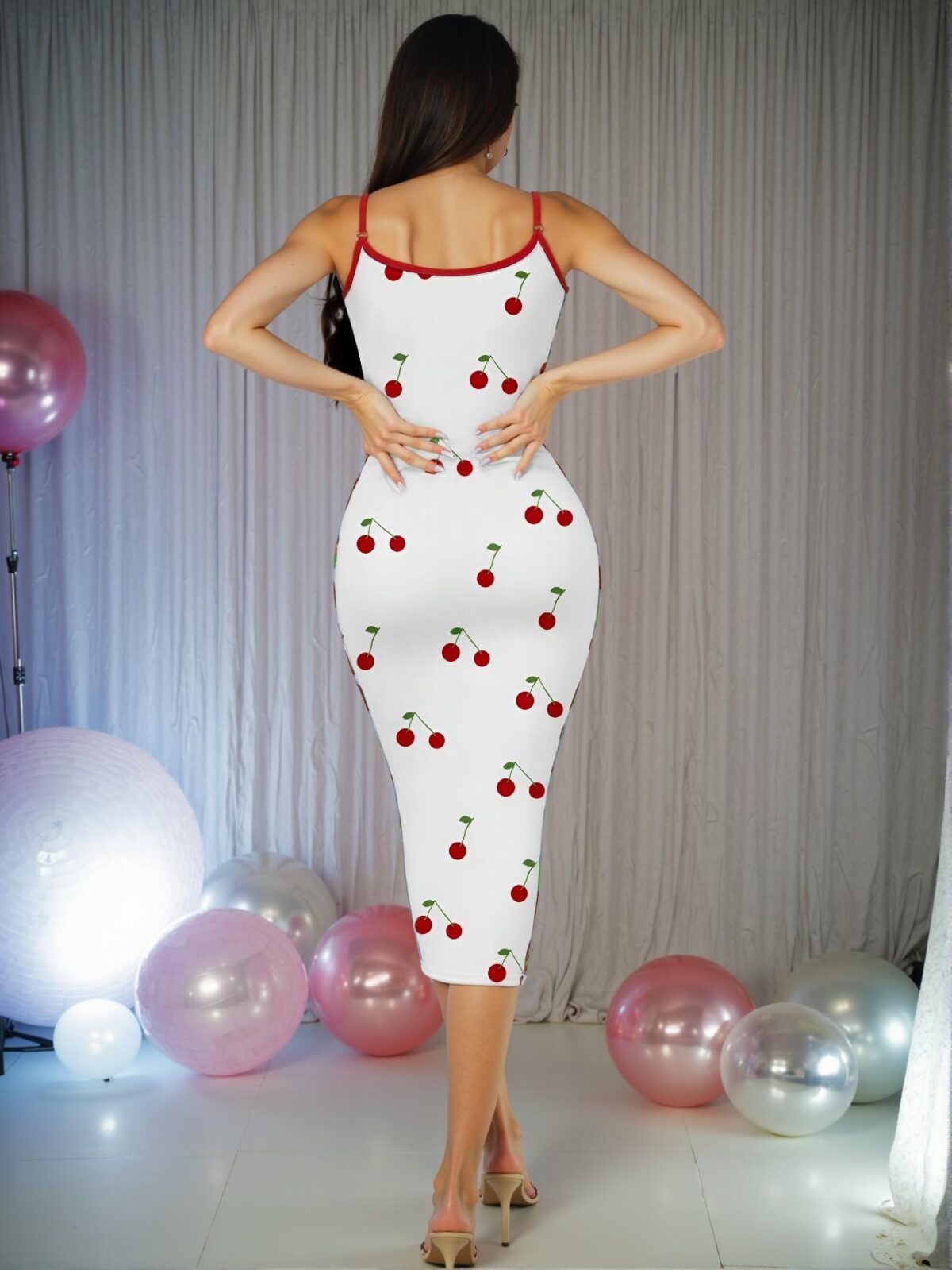 Elegant Multicolor Three-Dimensional Cherry Embellished Halter Dress for Spring and Summer "Chic, Classy and Trendy Fashion Style to Dress to Impress" - Image 2