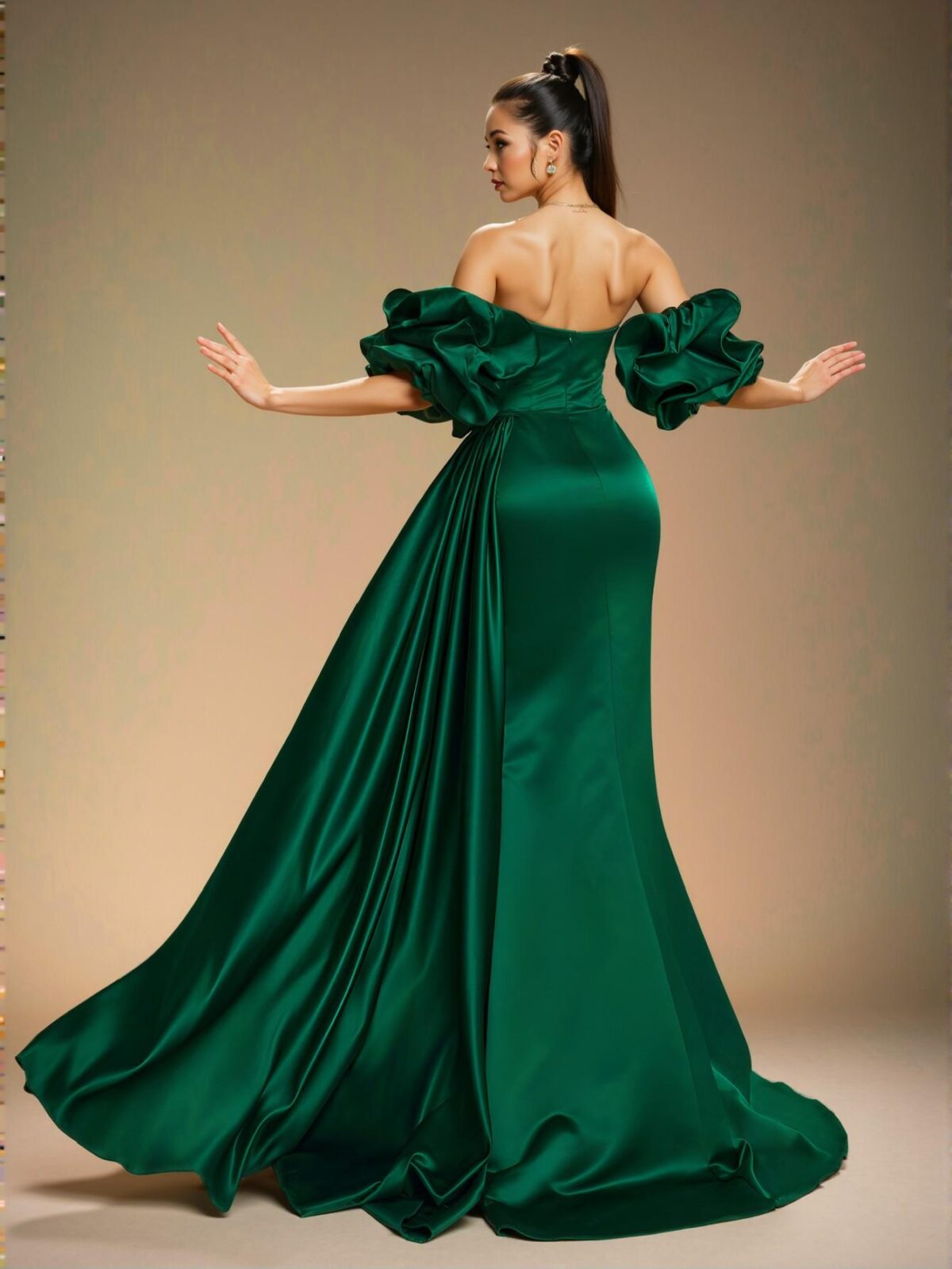 Elegant Dark Green Off-Shoulder Ruffle Bow Satin Evening Gown - Stunning Dress for Formal Parties, Prom, Wedding Guests, Graduation Celebrations, and Dinners. Perfect for party, prom, graduation day, and ceremony for university, college, and high school, Formal Evening Dinner Cocktail, Wedding Guest Gown, Chic, Classy and Trendy Fashion Style to Dress to Impress. - Image 2