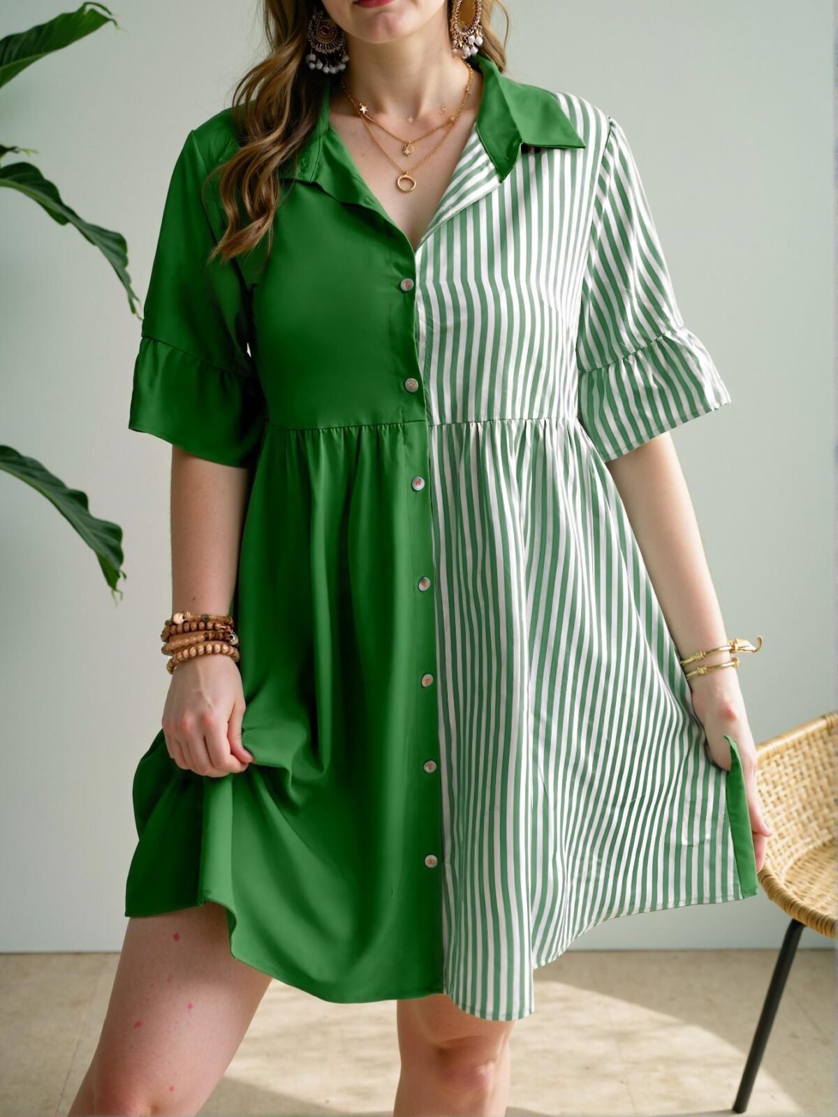 Elegant Green Stylish Striped Button-Up Shirt Dress for Spring and Summer - Chic, Classy and Trendy Fashion Style to Dress to Impress