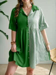 Elegant Green Stylish Striped Button-Up Shirt Dress for Spring and Summer - Chic, Classy and Trendy Fashion Style to Dress to Impress