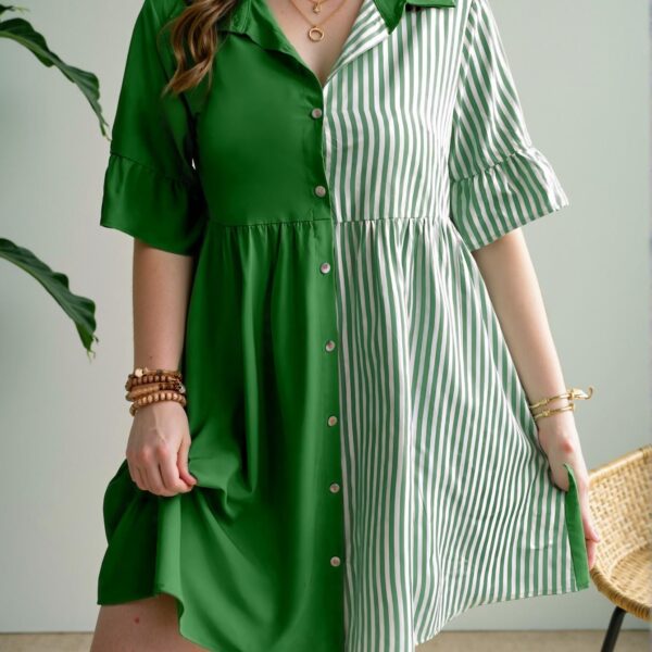Elegant Green Stylish Striped Button-Up Shirt Dress for Spring and Summer - Chic, Classy and Trendy Fashion Style to Dress to Impress
