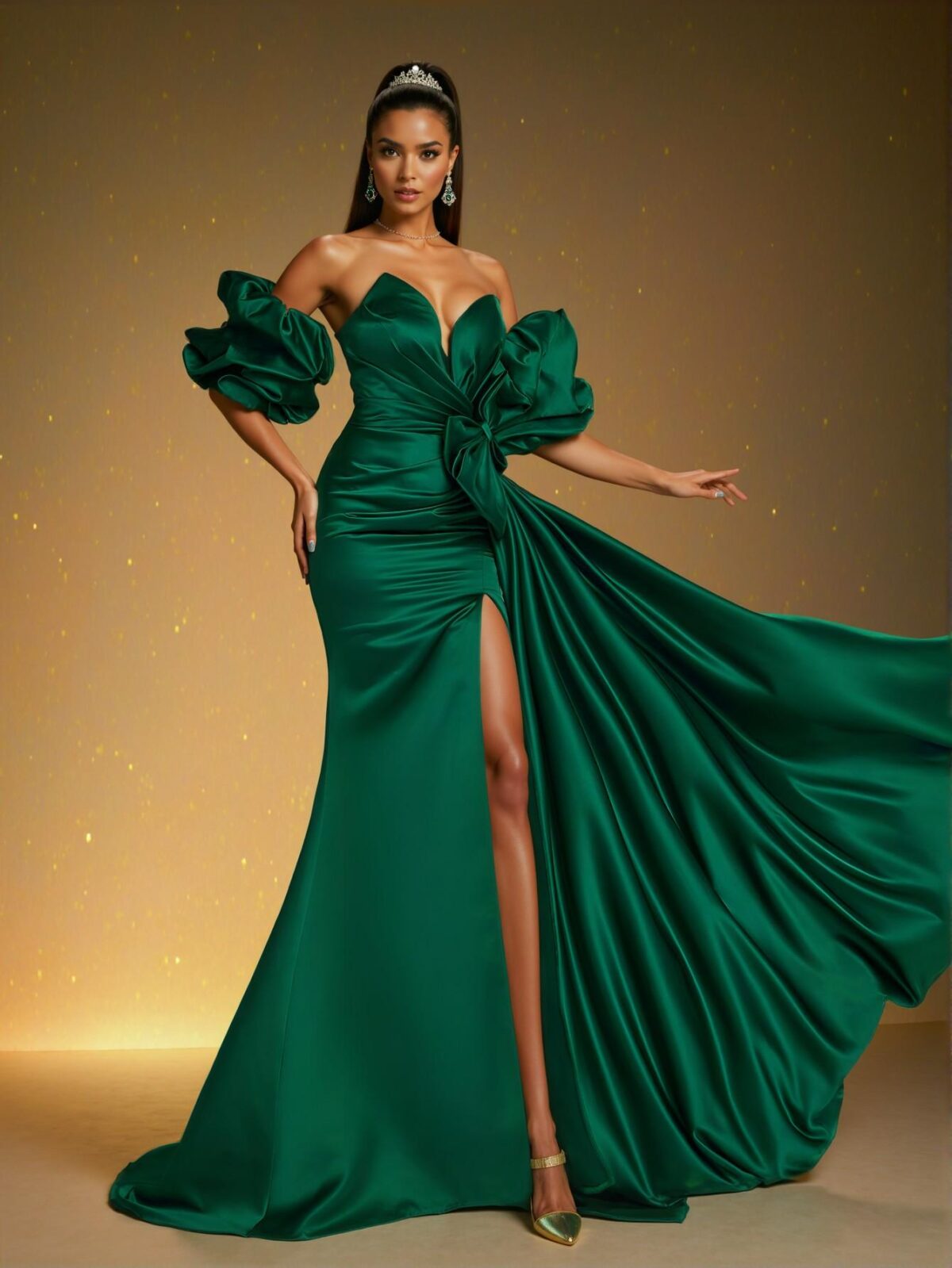 Elegant Dark Green Off-Shoulder Ruffle Bow Satin Evening Gown - Stunning Dress for Formal Parties, Prom, Wedding Guests, Graduation Celebrations, and Dinners. Perfect for party, prom, graduation day, and ceremony for university, college, and high school, Formal Evening Dinner Cocktail, Wedding Guest Gown, Chic, Classy and Trendy Fashion Style to Dress to Impress. - Image 3