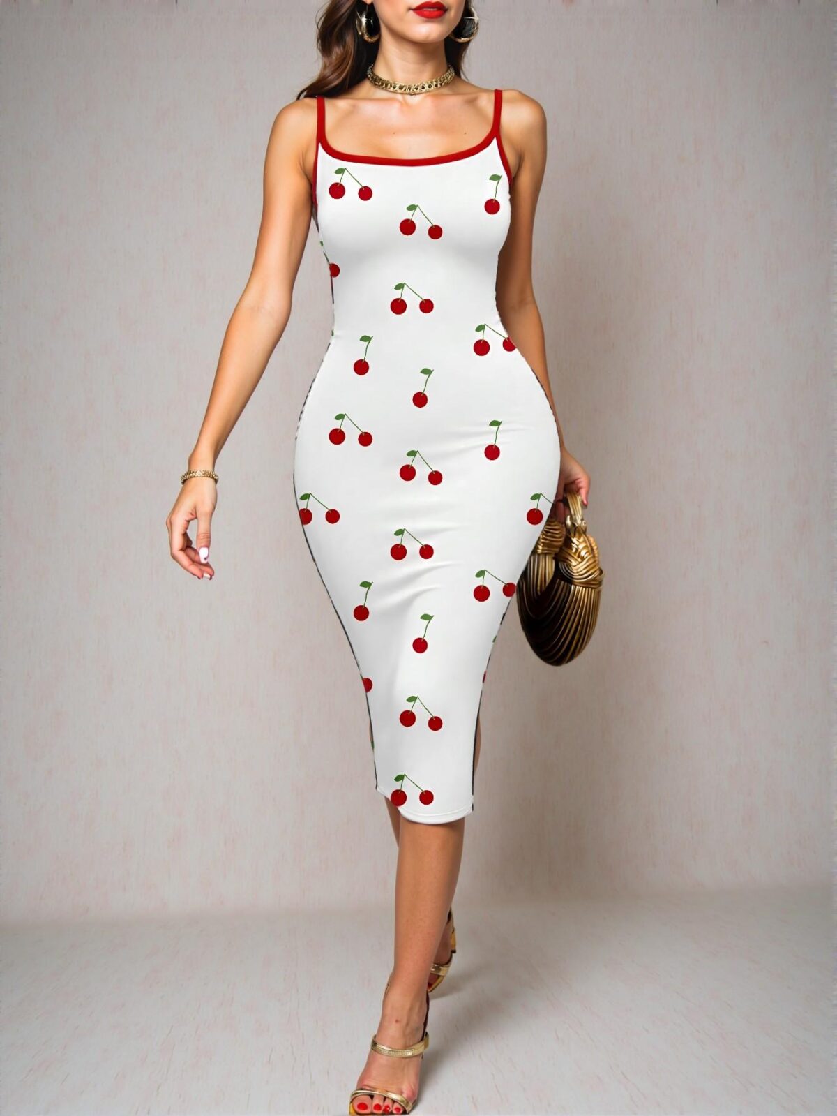 Elegant Multicolor Three-Dimensional Cherry Embellished Halter Dress for Spring and Summer "Chic, Classy and Trendy Fashion Style to Dress to Impress" - Image 3