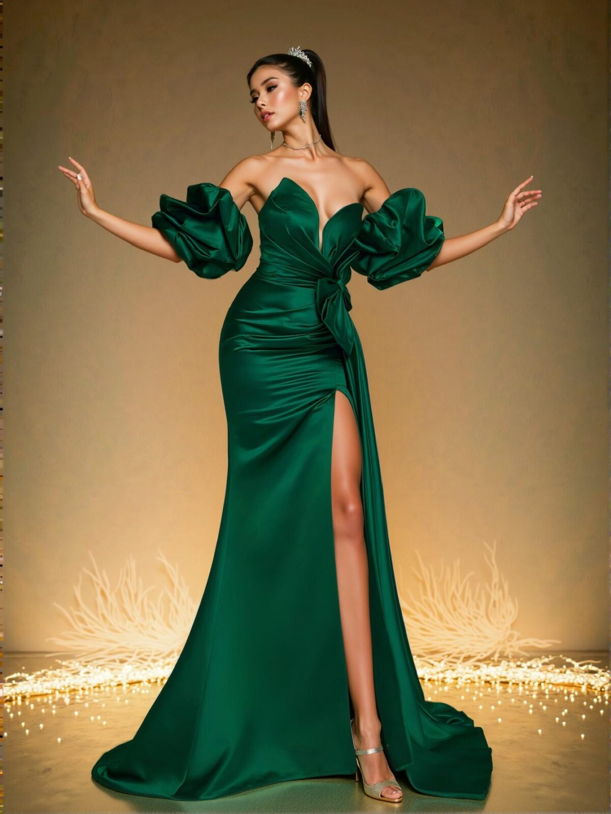 Elegant Dark Green Off-Shoulder Ruffle Bow Satin Evening Gown - Stunning Dress for Formal Parties, Prom, Wedding Guests, Graduation Celebrations, and Dinners. Perfect for party, prom, graduation day, and ceremony for university, college, and high school, Formal Evening Dinner Cocktail, Wedding Guest Gown, Chic, Classy and Trendy Fashion Style to Dress to Impress. - Image 4