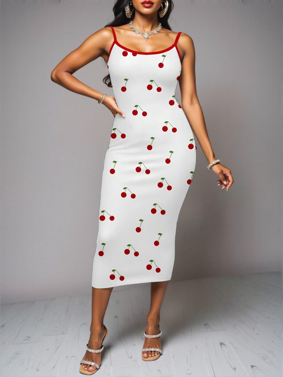 Elegant Multicolor Three-Dimensional Cherry Embellished Halter Dress for Spring and Summer "Chic, Classy and Trendy Fashion Style to Dress to Impress" - Image 4