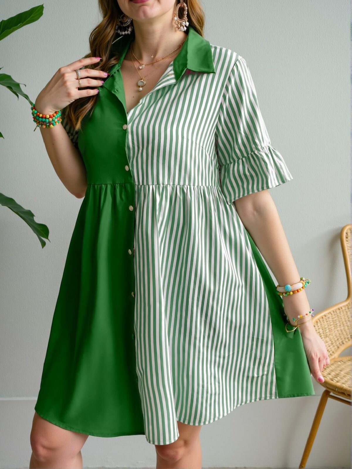 Elegant Green Stylish Striped Button-Up Shirt Dress for Spring and Summer - Chic, Classy and Trendy Fashion Style to Dress to Impress - Image 3