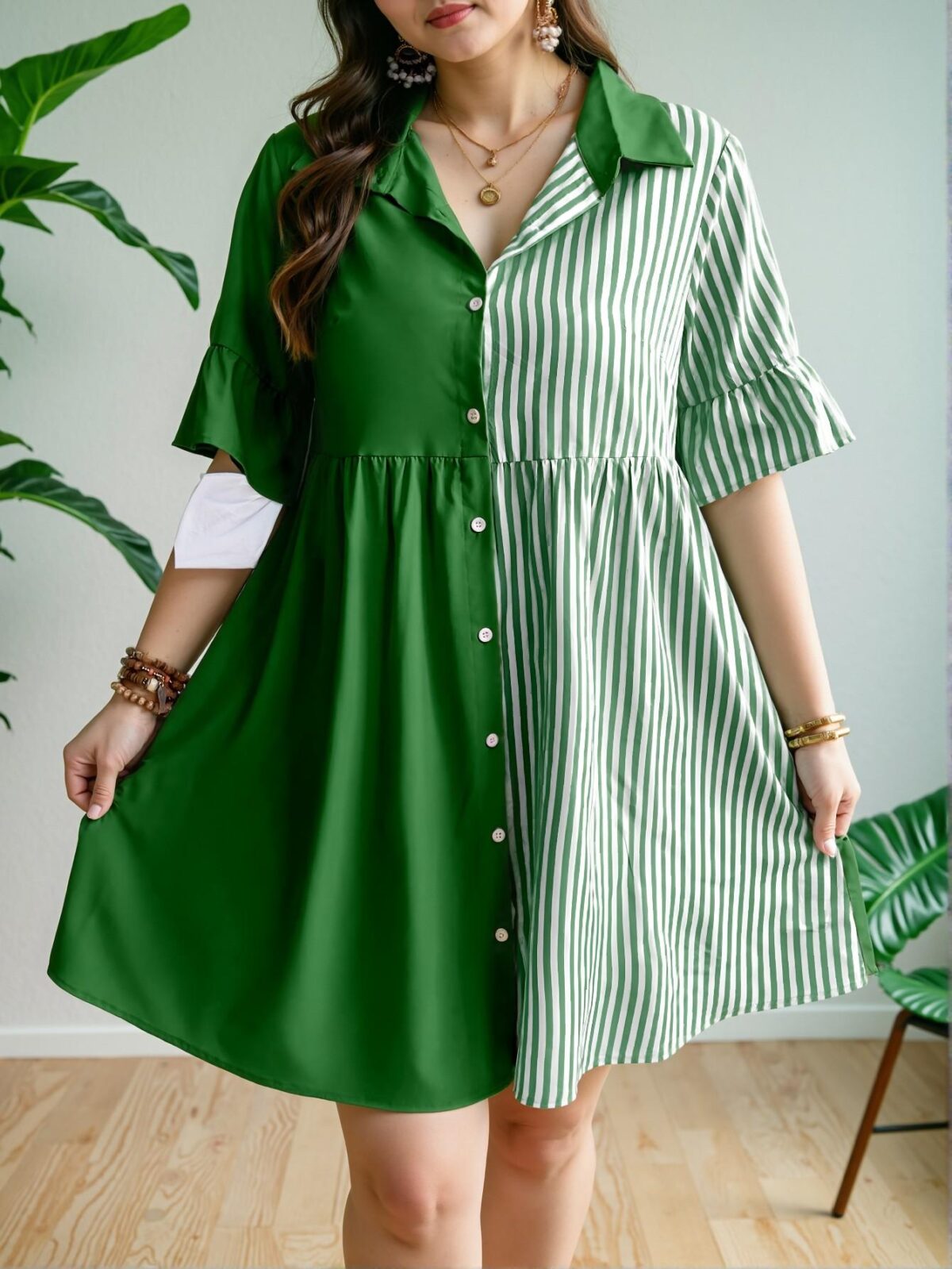 Elegant Green Stylish Striped Button-Up Shirt Dress for Spring and Summer - Chic, Classy and Trendy Fashion Style to Dress to Impress - Image 4