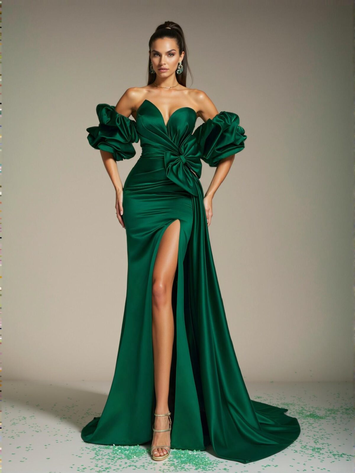 Elegant Dark Green Off-Shoulder Ruffle Bow Satin Evening Gown - Stunning Dress for Formal Parties, Prom, Wedding Guests, Graduation Celebrations, and Dinners. Perfect for party, prom, graduation day, and ceremony for university, college, and high school, Formal Evening Dinner Cocktail, Wedding Guest Gown, Chic, Classy and Trendy Fashion Style to Dress to Impress. - Image 5