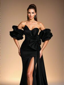 Elegant Black Off-Shoulder Ruffle Bow Satin Formal Evening Dress, Stylish Sheath Gown for Special Occasions, Perfect for party, prom, graduation day, and ceremony for university, college, and high school, Formal Evening Dinner Cocktail, Wedding Guest Gown, Chic, Classy and Trendy Fashion Style to Dress to Impress.