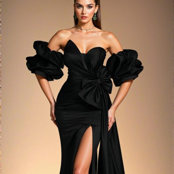 Elegant Black Off-Shoulder Ruffle Bow Satin Formal Evening Dress, Stylish Sheath Gown for Special Occasions, Perfect for party, prom, graduation day, and ceremony for university, college, and high school, Formal Evening Dinner Cocktail, Wedding Guest Gown, Chic, Classy and Trendy Fashion Style to Dress to Impress.