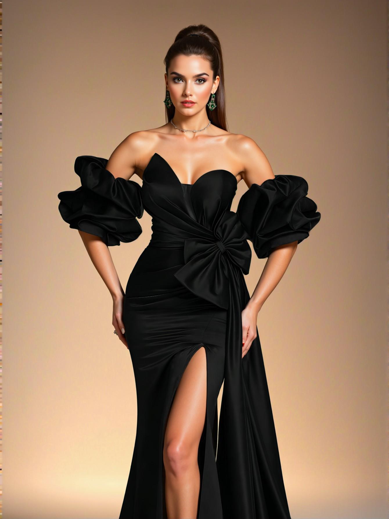 Elegant Black Off-Shoulder Ruffle Bow Satin Formal Evening Dress, Stylish Sheath Gown for Special Occasions, Perfect for party, prom, graduation day, and ceremony for university, college, and high school, Formal Evening Dinner Cocktail, Wedding Guest Gown, Chic, Classy and Trendy Fashion Style to Dress to Impress.