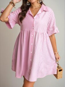 Elegant Pink Stylish Striped Patchwork Button-Up Dress for Spring and Summer – Chic, Classy and Trendy Fashion Style to Dress to Impress!