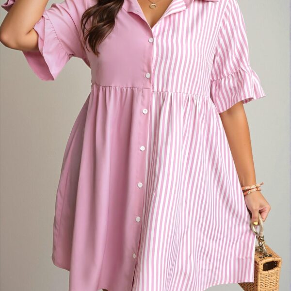 Elegant Pink Stylish Striped Patchwork Button-Up Dress for Spring and Summer – Chic, Classy and Trendy Fashion Style to Dress to Impress!