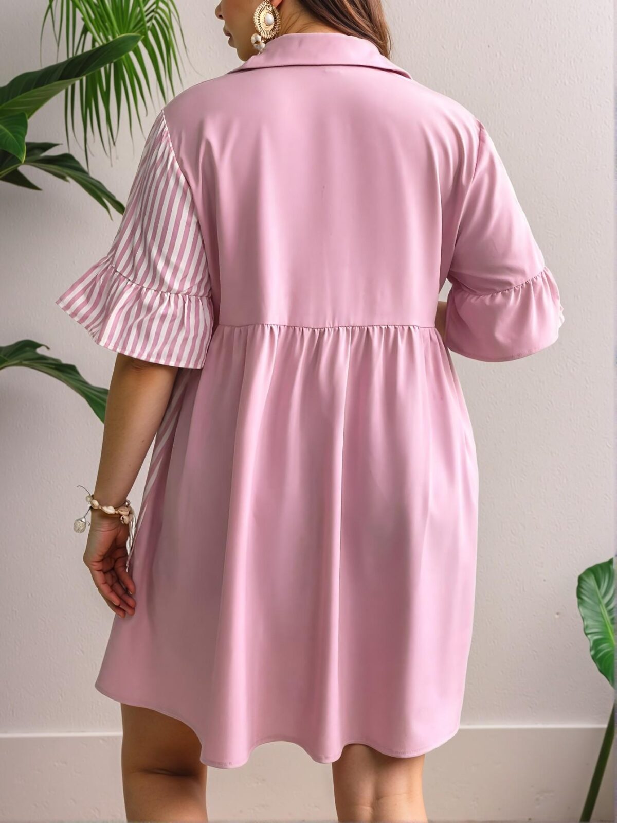 Elegant Pink Stylish Striped Patchwork Button-Up Dress for Spring and Summer – Chic, Classy and Trendy Fashion Style to Dress to Impress! - Image 2