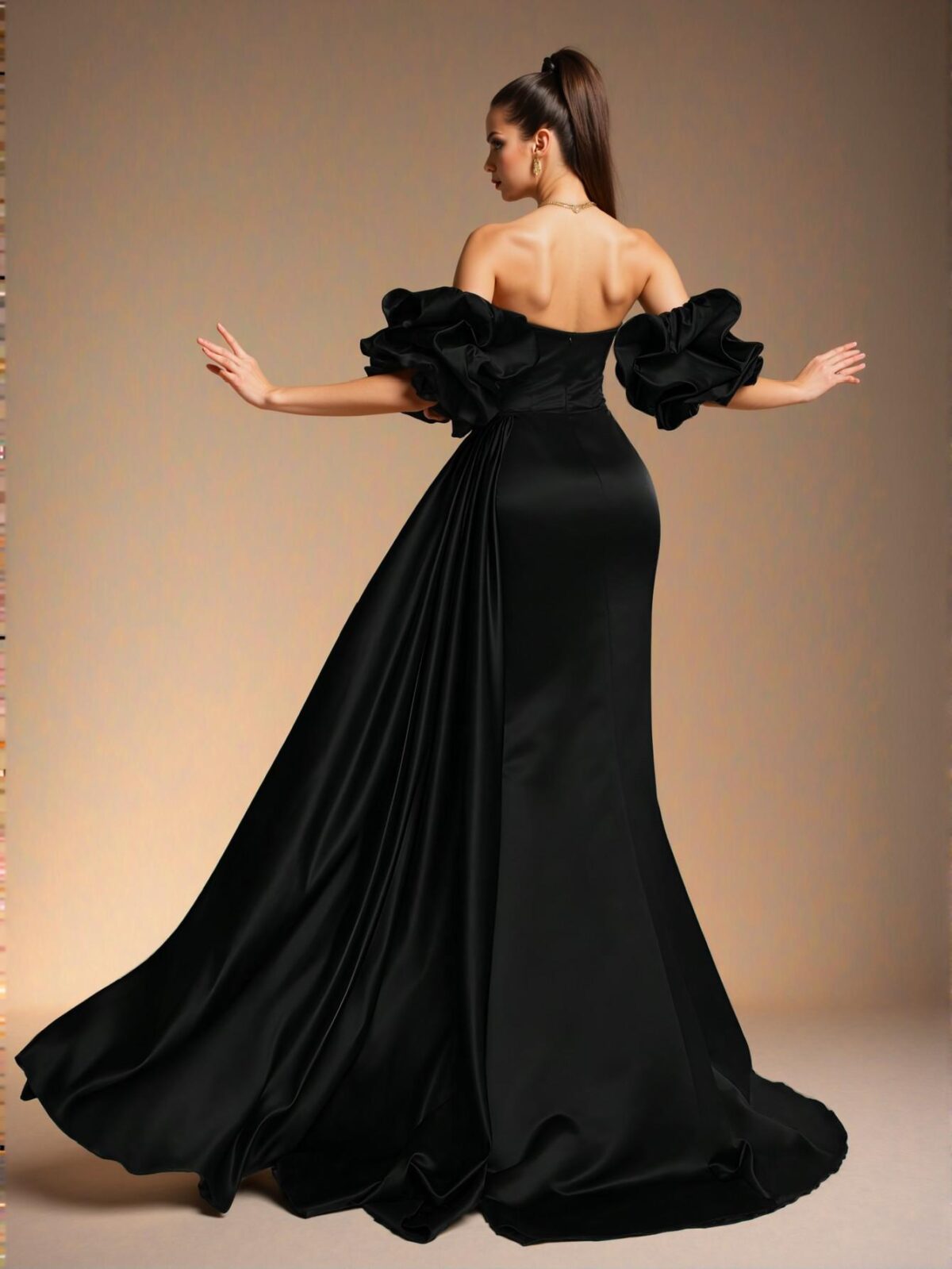 Elegant Black Off-Shoulder Ruffle Bow Satin Formal Evening Dress, Stylish Sheath Gown for Special Occasions, Perfect for party, prom, graduation day, and ceremony for university, college, and high school, Formal Evening Dinner Cocktail, Wedding Guest Gown, Chic, Classy and Trendy Fashion Style to Dress to Impress. - Image 2