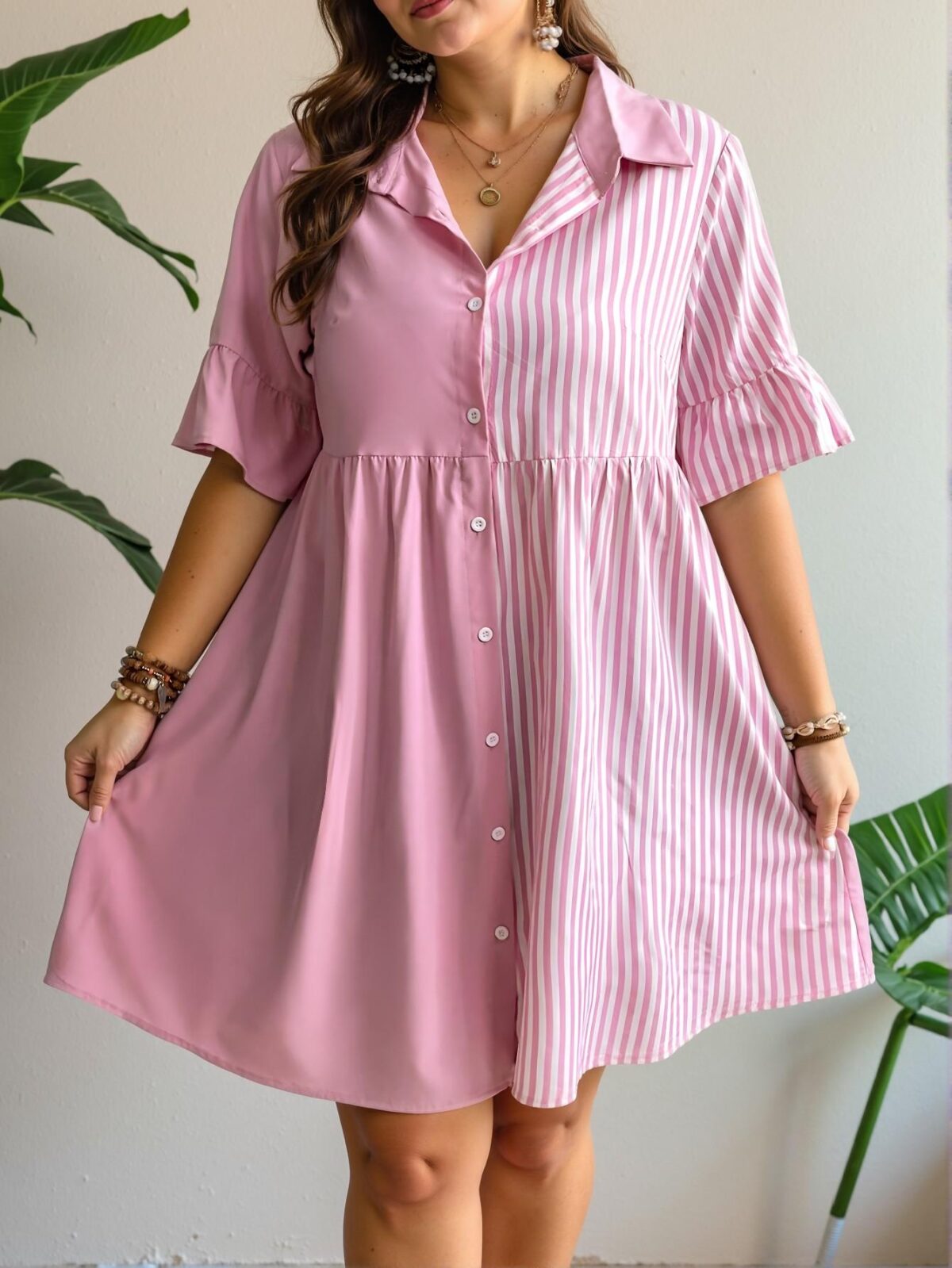 Elegant Pink Stylish Striped Patchwork Button-Up Dress for Spring and Summer – Chic, Classy and Trendy Fashion Style to Dress to Impress! - Image 3