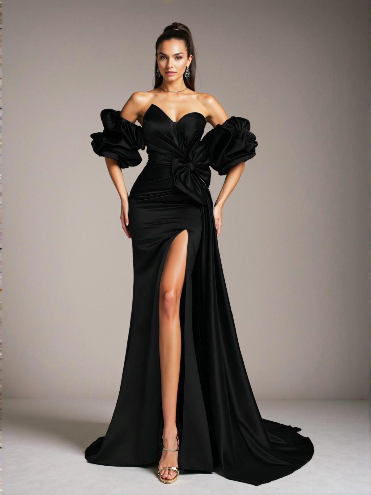 Elegant Black Off-Shoulder Ruffle Bow Satin Formal Evening Dress, Stylish Sheath Gown for Special Occasions, Perfect for party, prom, graduation day, and ceremony for university, college, and high school, Formal Evening Dinner Cocktail, Wedding Guest Gown, Chic, Classy and Trendy Fashion Style to Dress to Impress. - Image 3