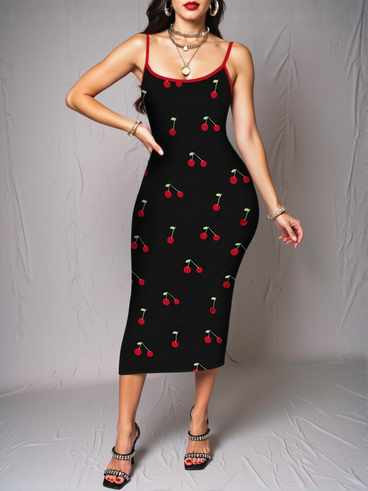 Elegant Multicolor Chic Halter Dress with Three-Dimensional Cherry Details for Spring and Summer "Chic, Classy and Trendy Fashion Style to Dress to Impress" - Image 4