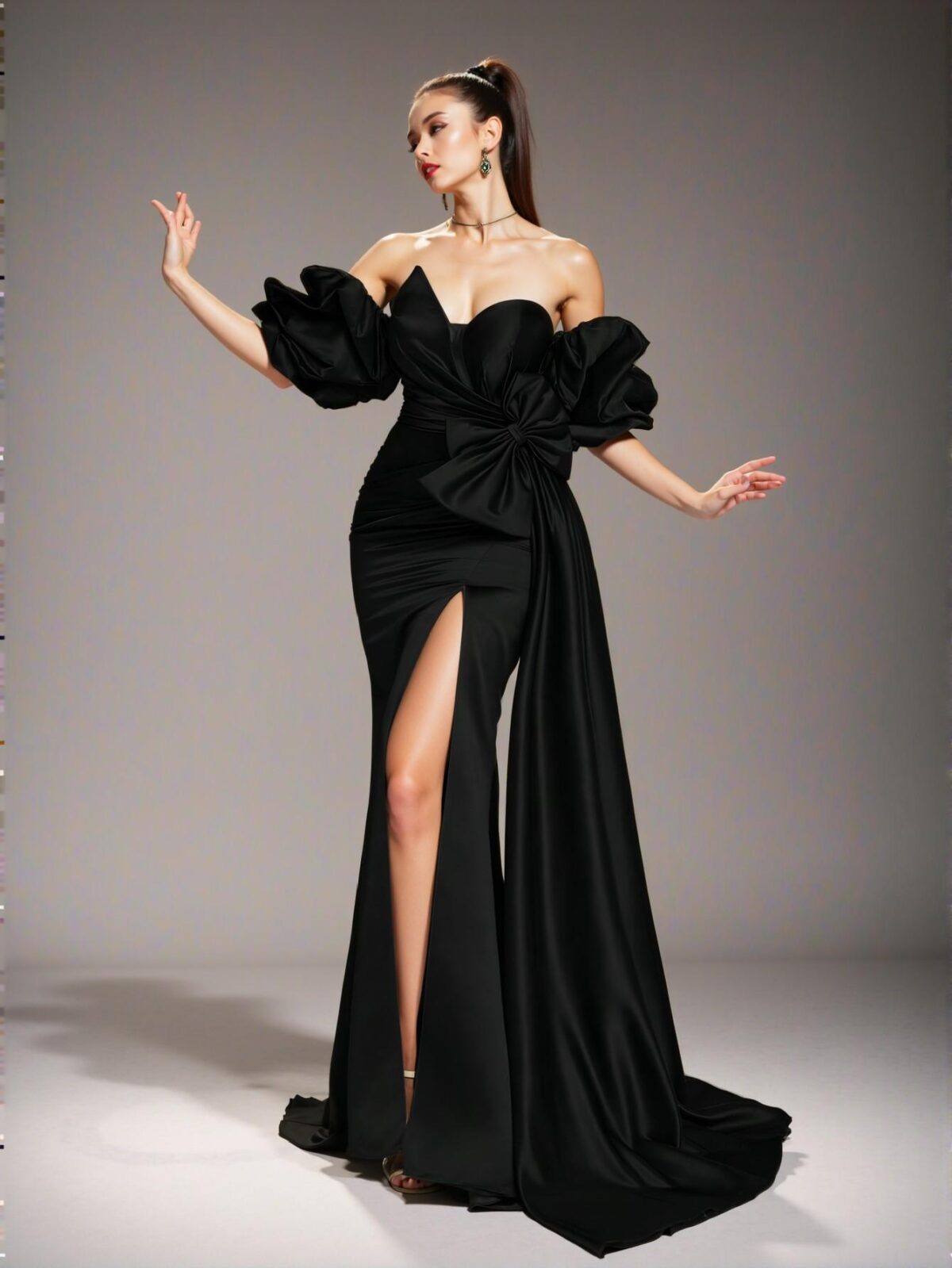 Elegant Black Off-Shoulder Ruffle Bow Satin Formal Evening Dress, Stylish Sheath Gown for Special Occasions, Perfect for party, prom, graduation day, and ceremony for university, college, and high school, Formal Evening Dinner Cocktail, Wedding Guest Gown, Chic, Classy and Trendy Fashion Style to Dress to Impress. - Image 4