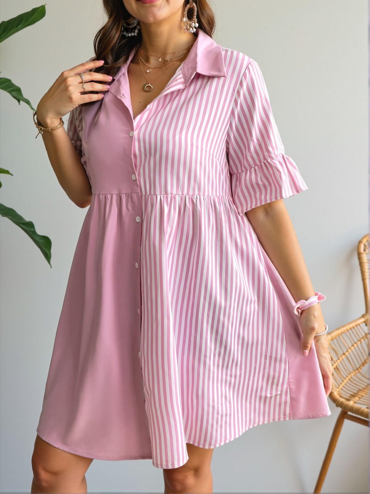 Elegant Pink Stylish Striped Patchwork Button-Up Dress for Spring and Summer – Chic, Classy and Trendy Fashion Style to Dress to Impress! - Image 4