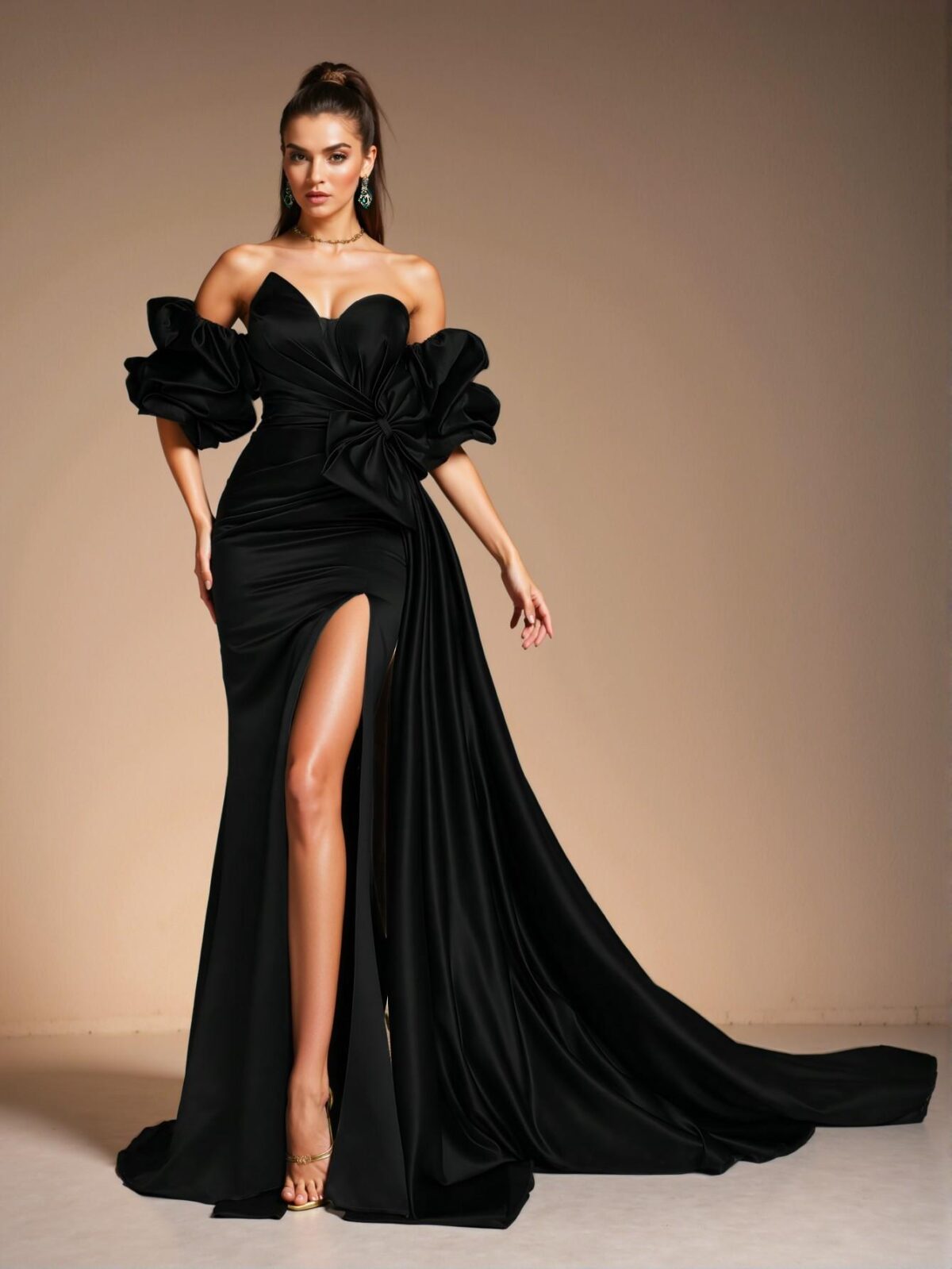 Elegant Black Off-Shoulder Ruffle Bow Satin Formal Evening Dress, Stylish Sheath Gown for Special Occasions, Perfect for party, prom, graduation day, and ceremony for university, college, and high school, Formal Evening Dinner Cocktail, Wedding Guest Gown, Chic, Classy and Trendy Fashion Style to Dress to Impress. - Image 5