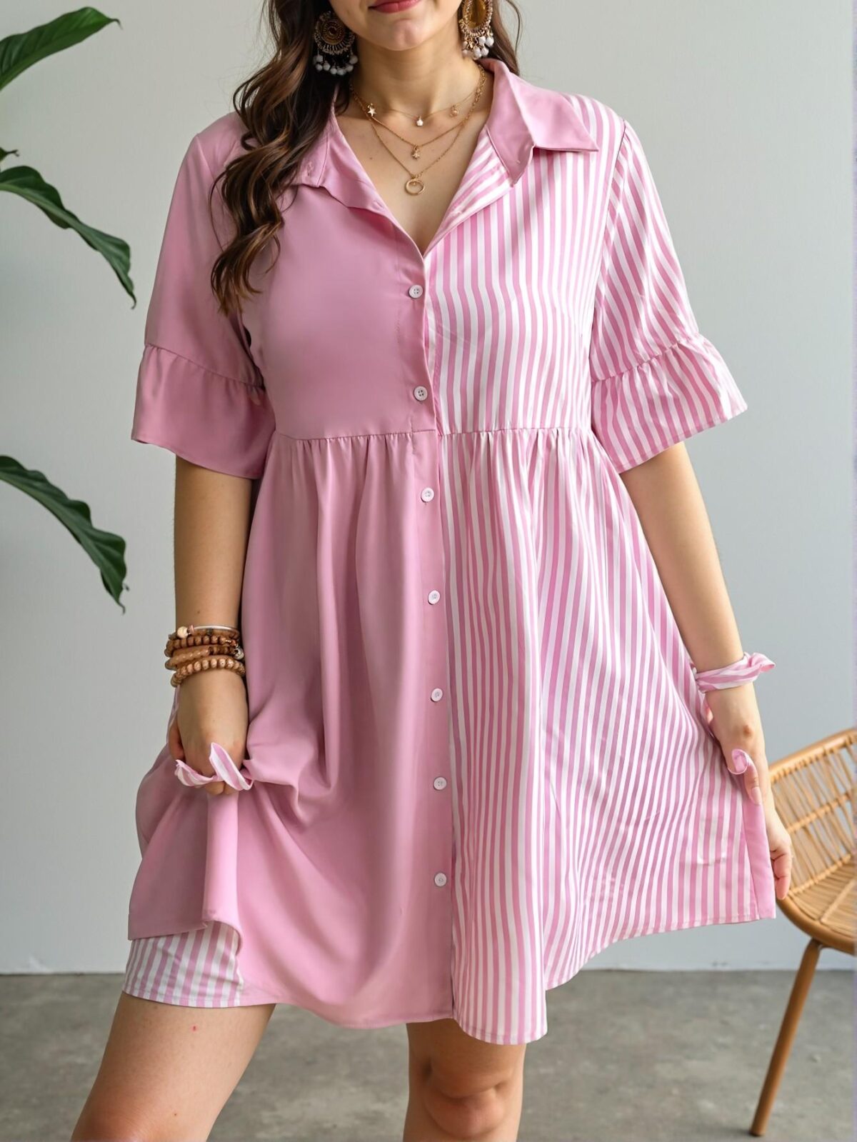 Elegant Pink Stylish Striped Patchwork Button-Up Dress for Spring and Summer – Chic, Classy and Trendy Fashion Style to Dress to Impress! - Image 5