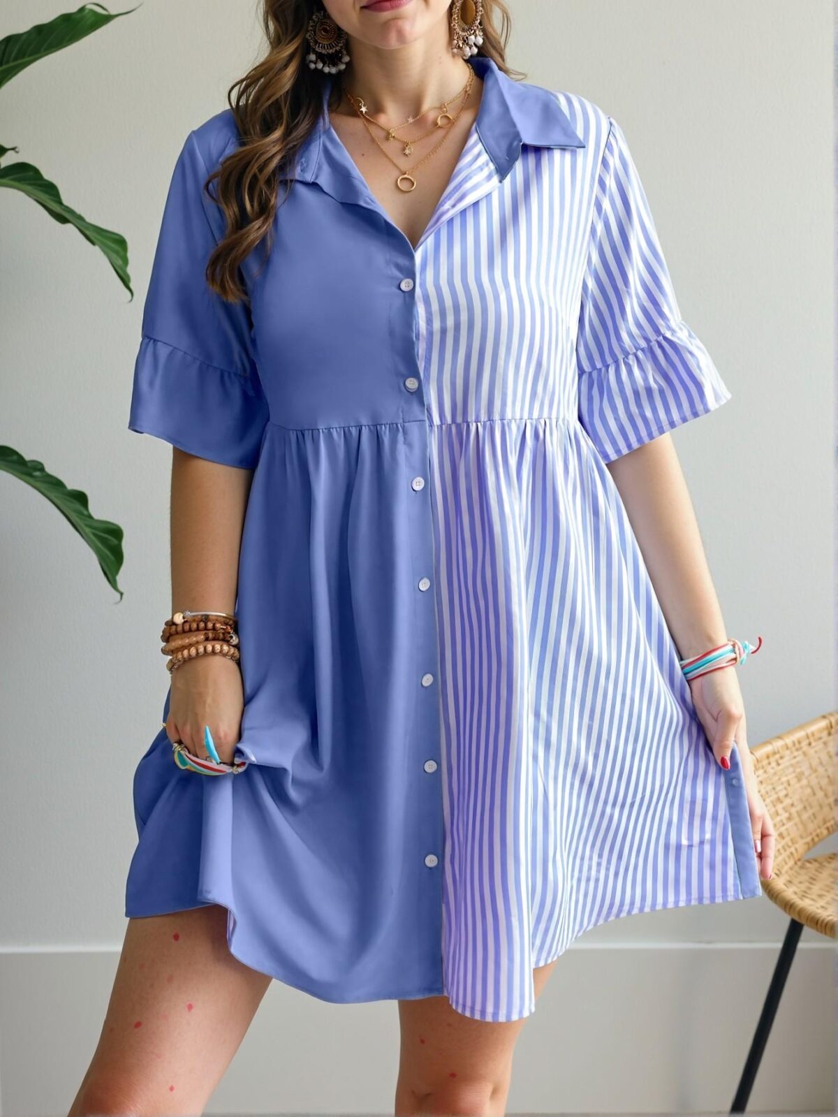 Elegant Baby Blue Stylish Striped Spliced Front Button Shirt Dress Perfect for Spring and Summer Casual Outings "Chic, Classy and Trendy Fashion Style to Dress to Impress"