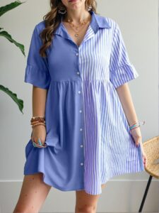 Elegant Baby Blue Stylish Striped Spliced Front Button Shirt Dress Perfect for Spring and Summer Casual Outings "Chic, Classy and Trendy Fashion Style to Dress to Impress"